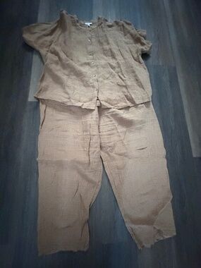Eileen Fisher 100% organic linen gauze 2 pce set XL pull on pants button up boho